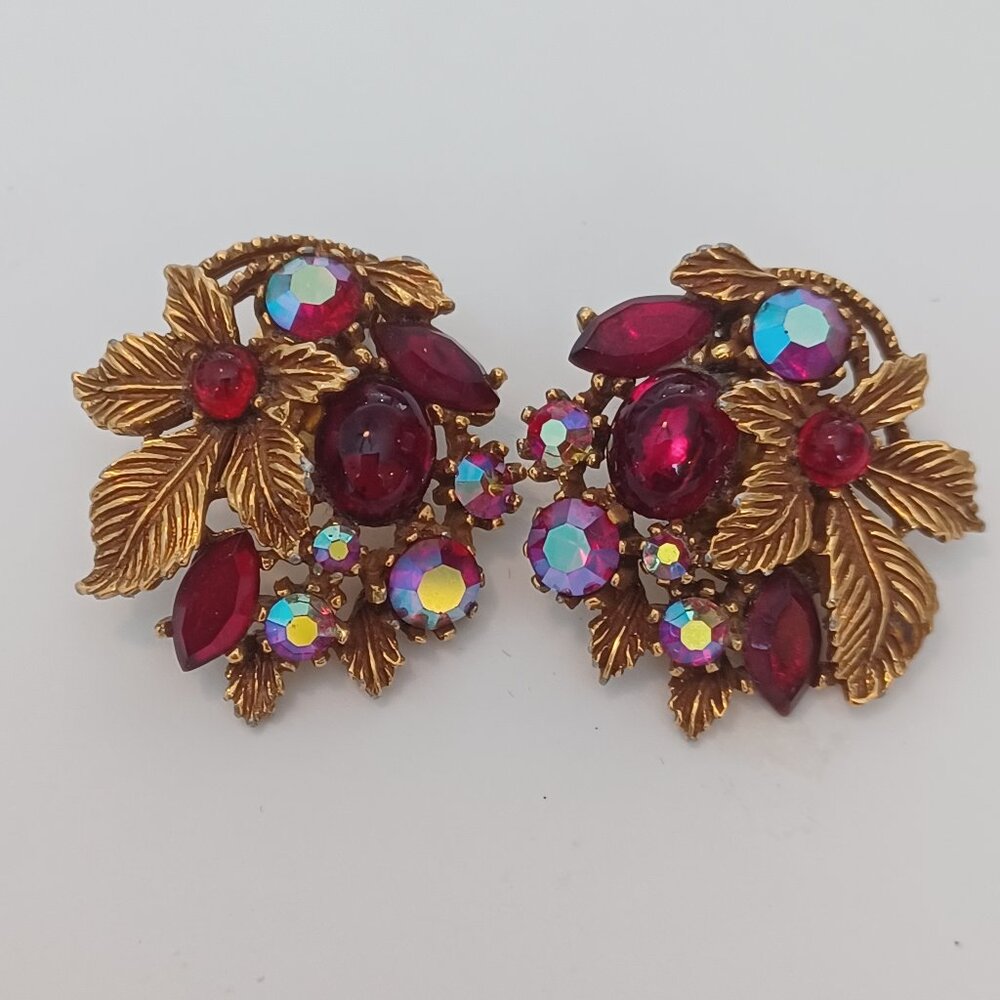 Vintage Red Beads AB Gold Leaves Clip On Earrings